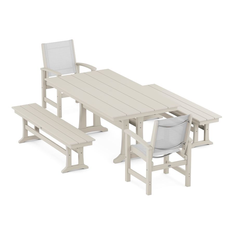 POLYWOOD Coastal 5-Piece Farmhouse Dining Set with Trestle Legs and Benches in Sand / White Sling