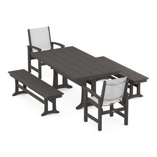POLYWOOD Coastal 5-Piece Farmhouse Dining Set with Trestle Legs and Benches in Vintage Finish
