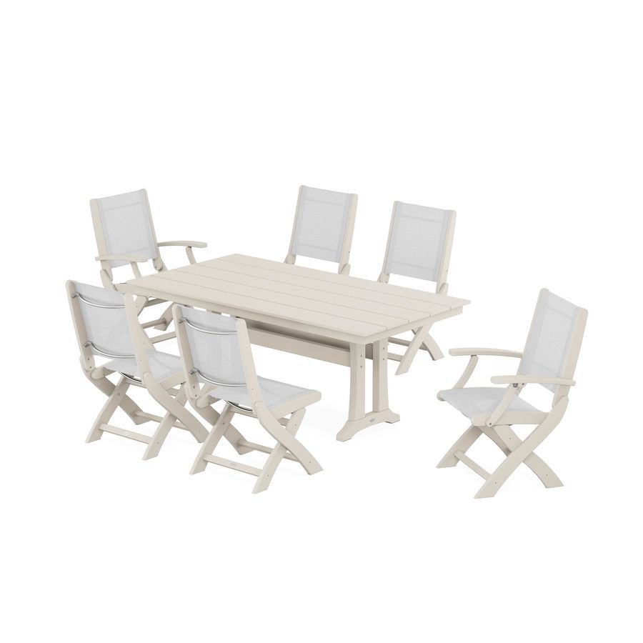POLYWOOD Coastal Folding Chair 7-Piece Farmhouse Dining Set with Trestle Legs in Sand / White Sling