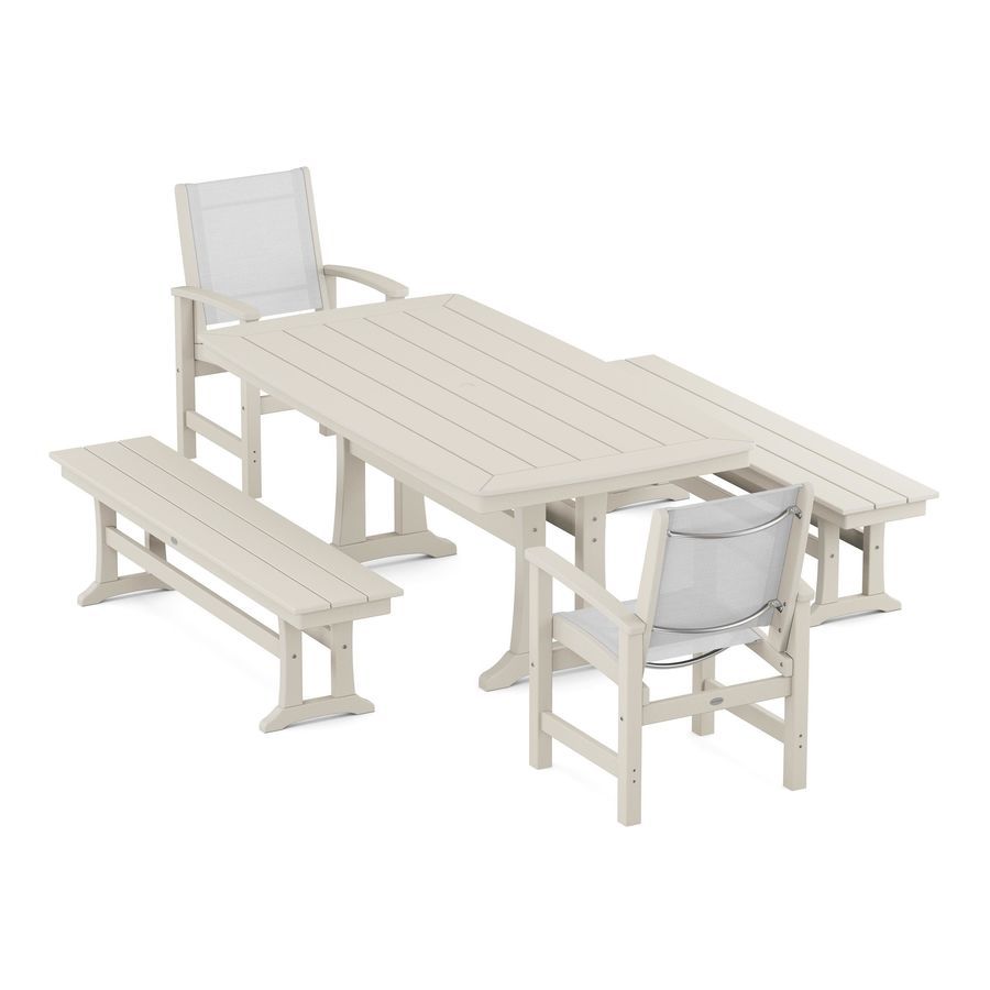POLYWOOD Coastal 5-Piece Dining Set with Trestle Legs and Benches in Sand / White Sling