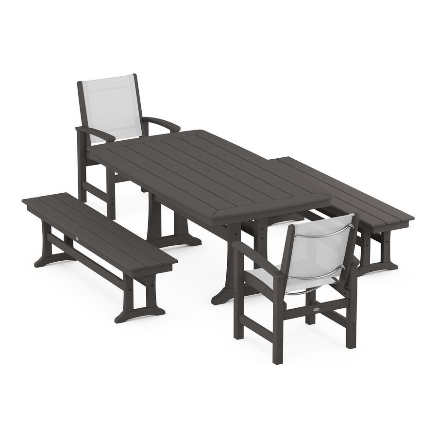 POLYWOOD Coastal 5-Piece Dining Set with Trestle Legs and Benches in Vintage Finish