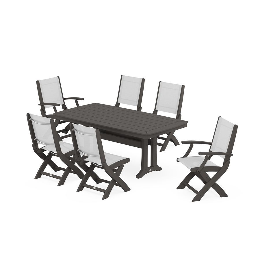 POLYWOOD Coastal 7-Piece Dining Set with Trestle Legs in Vintage Coffee / White Sling