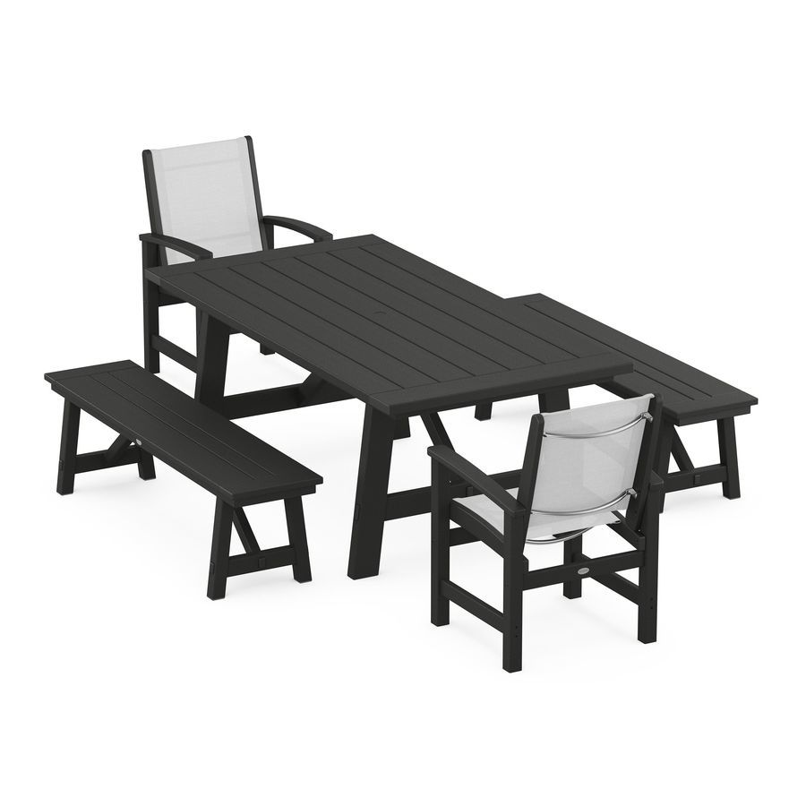 POLYWOOD Coastal 5-Piece Rustic Farmhouse Dining Set With Trestle Legs in Black / White Sling