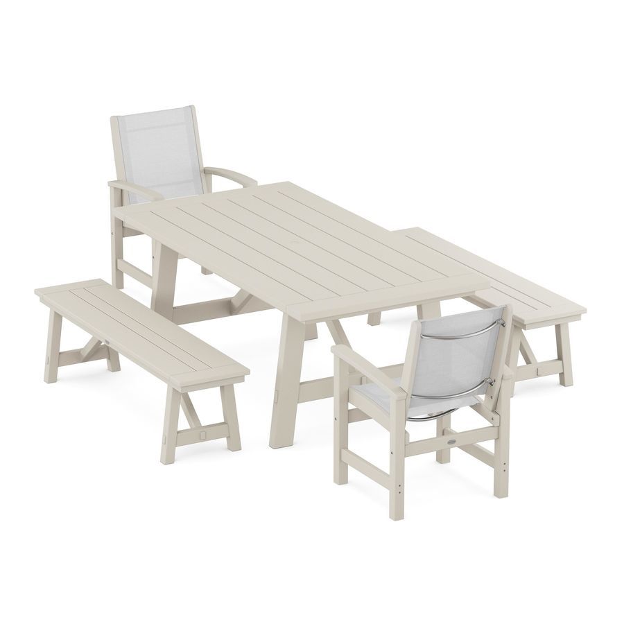 POLYWOOD Coastal 5-Piece Rustic Farmhouse Dining Set With Benches in Sand / White Sling