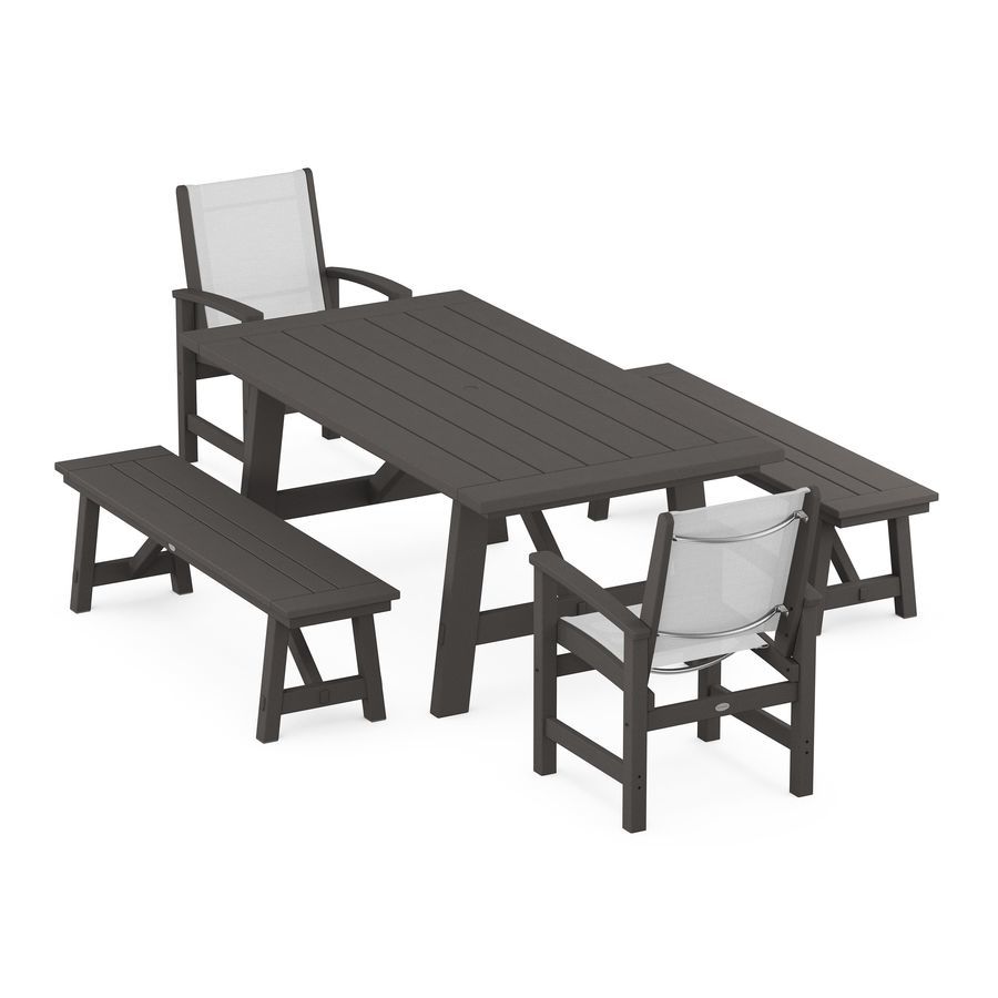 POLYWOOD Coastal 5-Piece Rustic Farmhouse Dining Set With Benches in Vintage Finish