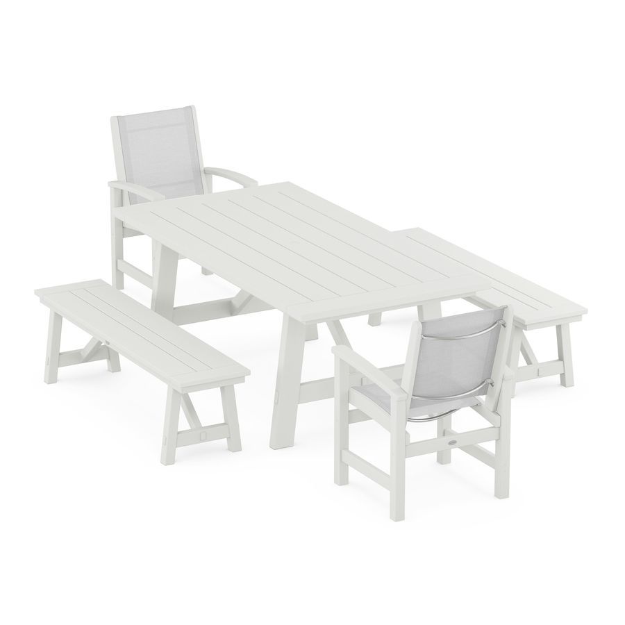 POLYWOOD Coastal 5-Piece Rustic Farmhouse Dining Set With Trestle Legs in Vintage White / White Sling