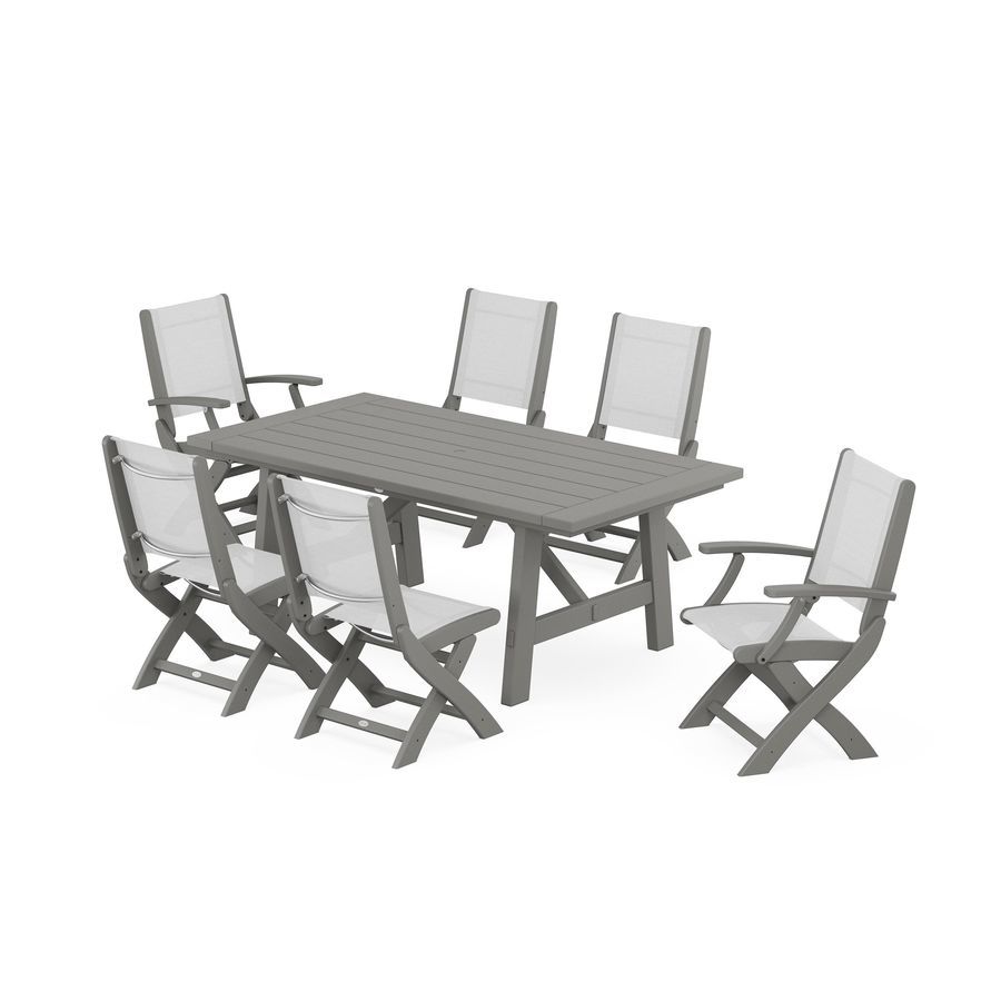 POLYWOOD Coastal 7-Piece Rustic Farmhouse Dining Set With Trestle Legs in Slate Grey / White Sling
