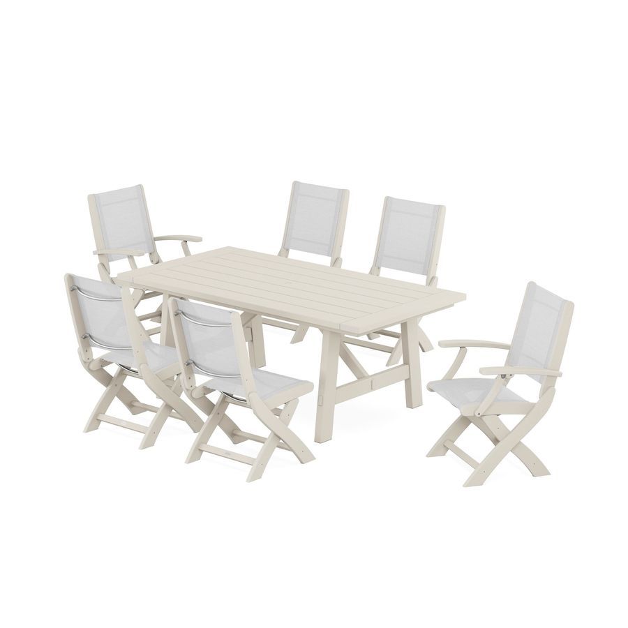 POLYWOOD Coastal Folding Chair 7-Piece Rustic Farmhouse Dining Set in Sand / White Sling