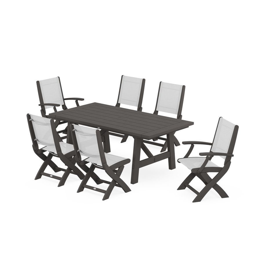 POLYWOOD Coastal 7-Piece Rustic Farmhouse Dining Set With Trestle Legs in Vintage Coffee / White Sling