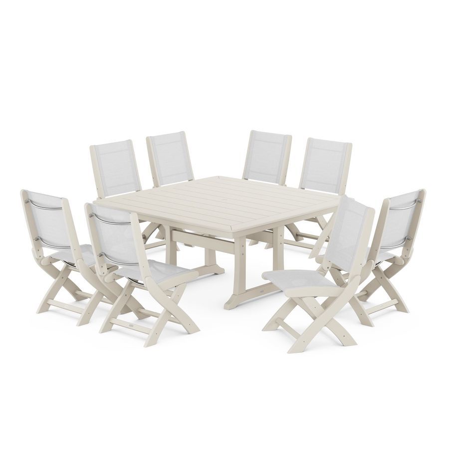POLYWOOD Coastal Folding Side Chair 9-Piece Dining Set with Trestle Legs in Sand / White Sling
