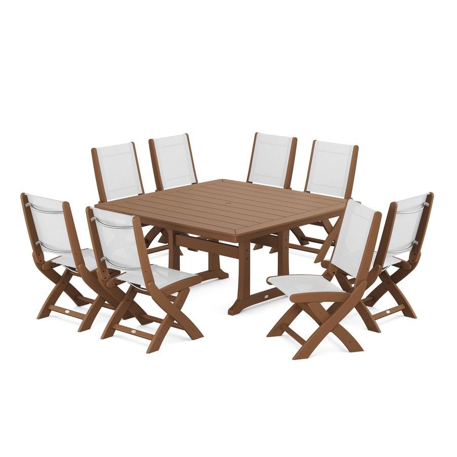 POLYWOOD Coastal Folding Side Chair 9-Piece Dining Set with Trestle Legs in Teak / White Sling
