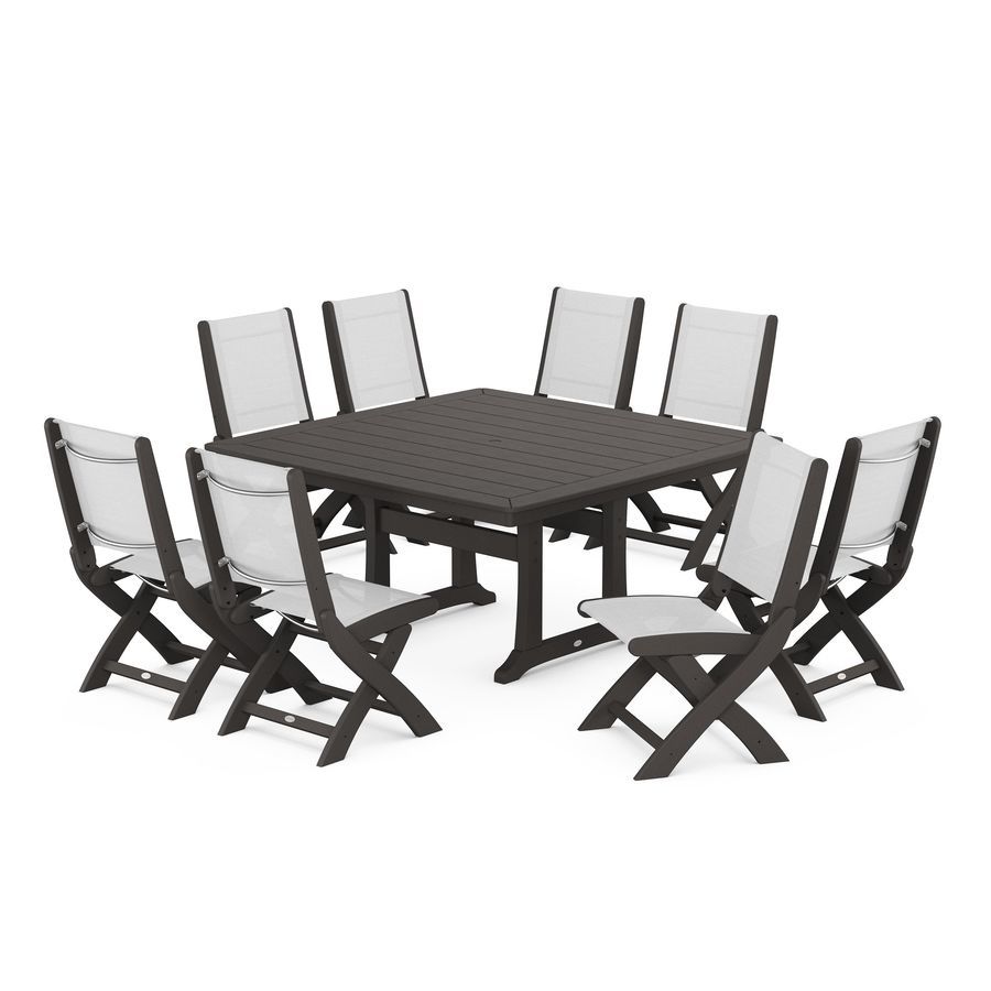 POLYWOOD Coastal Folding Side Chair 9-Piece Dining Set with Trestle Legs in Vintage Coffee / White Sling