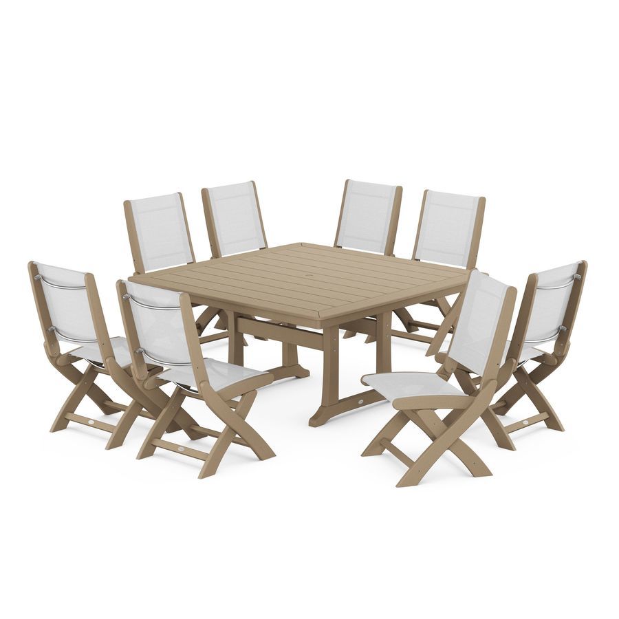 POLYWOOD Coastal Folding Side Chair 9-Piece Dining Set with Trestle Legs in Vintage Sahara / White Sling