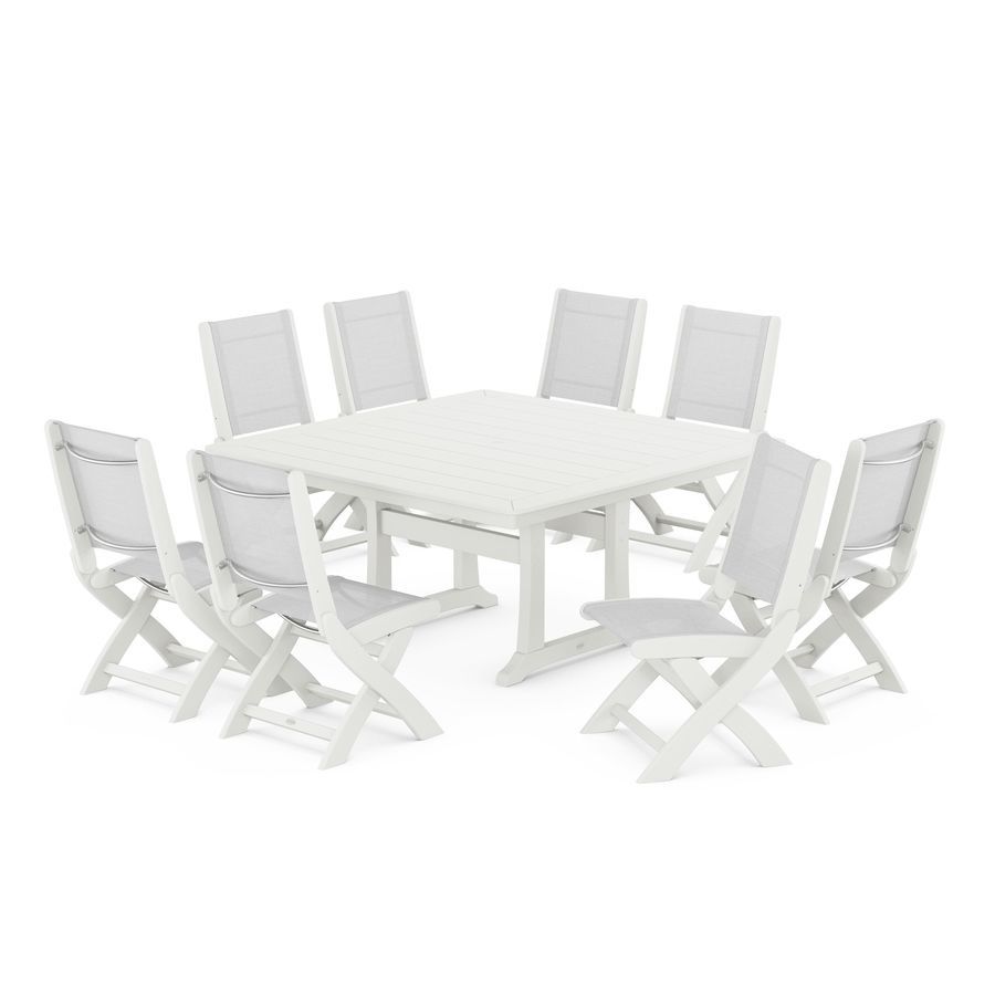 POLYWOOD Coastal Folding Side Chair 9-Piece Dining Set with Trestle Legs in Vintage White / White Sling