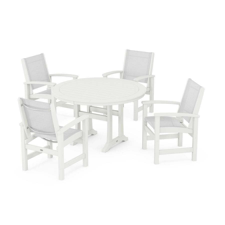 POLYWOOD Coastal 5-Piece Round Dining Set with Trestle Legs in Vintage White / White Sling