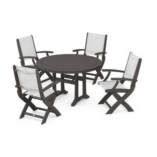 POLYWOOD Coastal Folding Chair 5-Piece Round Dining Set with Trestle Legs in Vintage Finish