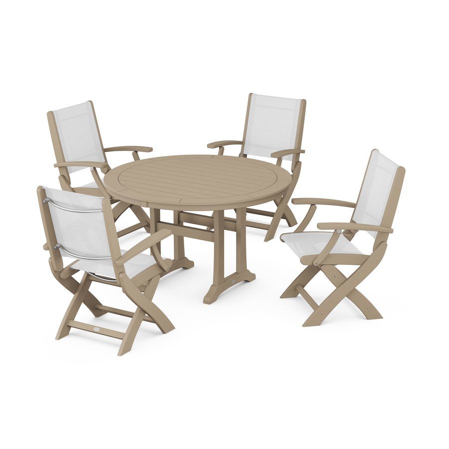 POLYWOOD Coastal Folding Chair 5-Piece Round Dining Set with Trestle Legs in Vintage Sahara / White Sling