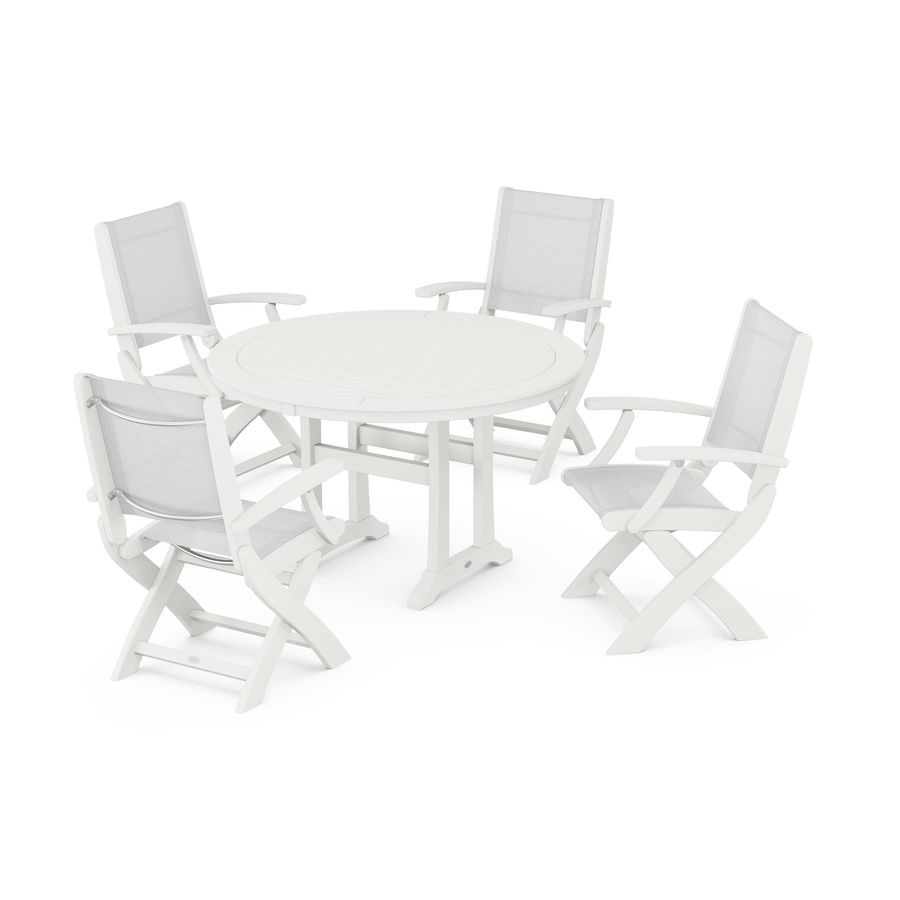 POLYWOOD Coastal Folding Chair 5-Piece Round Dining Set with Trestle Legs in Vintage White / White Sling