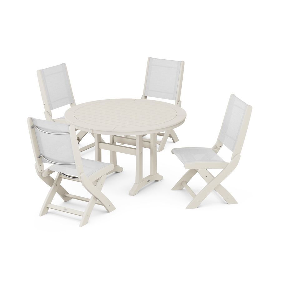 POLYWOOD Coastal Folding Side Chair 5-Piece Round Dining Set With Trestle Legs in Sand / White Sling