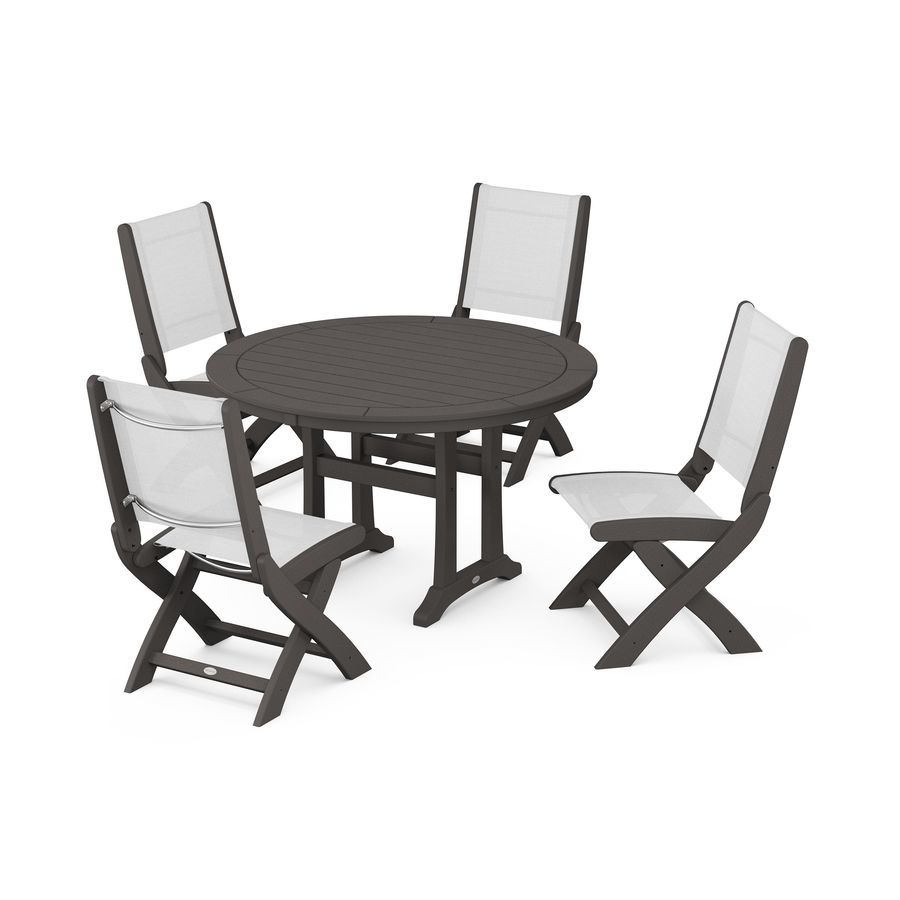 POLYWOOD Coastal Folding Side Chair 5-Piece Round Dining Set With Trestle Legs in Vintage Coffee / White Sling