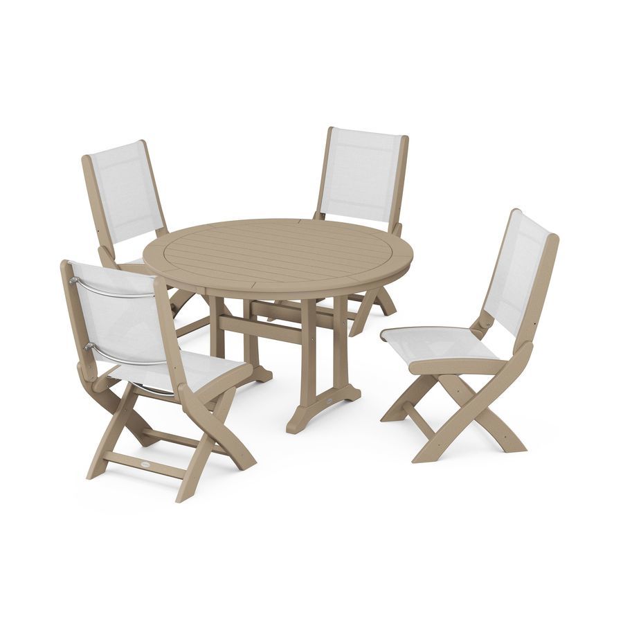 POLYWOOD Coastal Folding Side Chair 5-Piece Round Dining Set With Trestle Legs in Vintage Sahara / White Sling