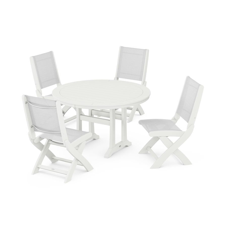 POLYWOOD Coastal Folding Side Chair 5-Piece Round Dining Set With Trestle Legs in Vintage White / White Sling