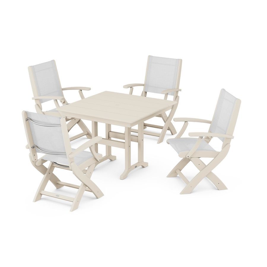 POLYWOOD Coastal Folding Chair 5-Piece Farmhouse Dining Set in Sand / White Sling