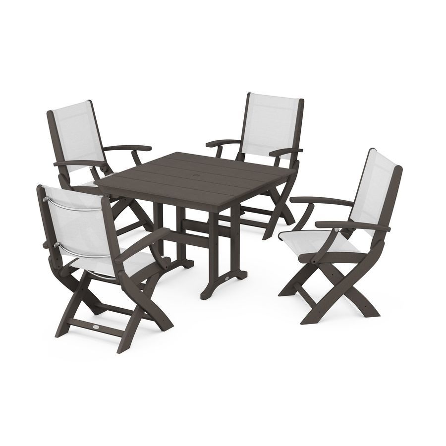POLYWOOD Coastal Folding Chair 5-Piece Farmhouse Dining Set in Vintage Coffee / White Sling