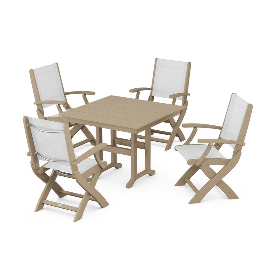 POLYWOOD Coastal Folding Chair 5-Piece Farmhouse Dining Set in Vintage Sahara / White Sling