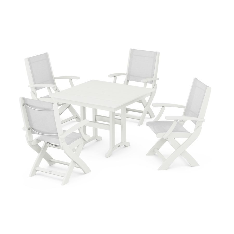 POLYWOOD Coastal Folding Chair 5-Piece Farmhouse Dining Set in Vintage White / White Sling