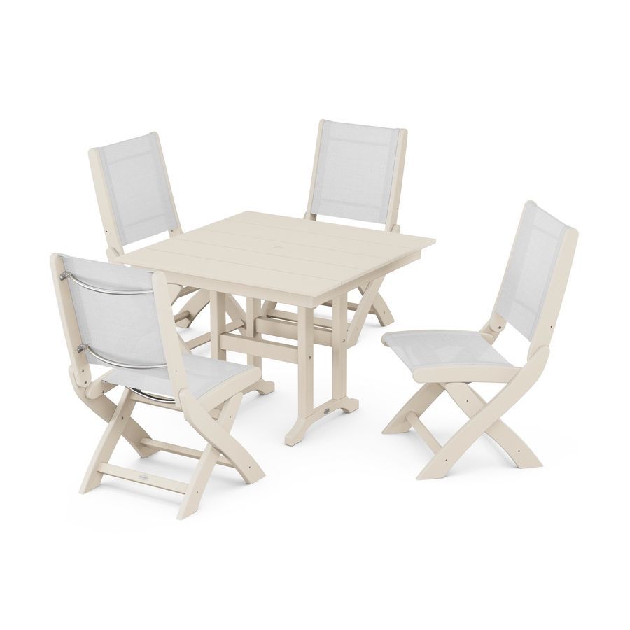 POLYWOOD Coastal Folding Side Chair 5-Piece Farmhouse Dining Set in Sand / White Sling