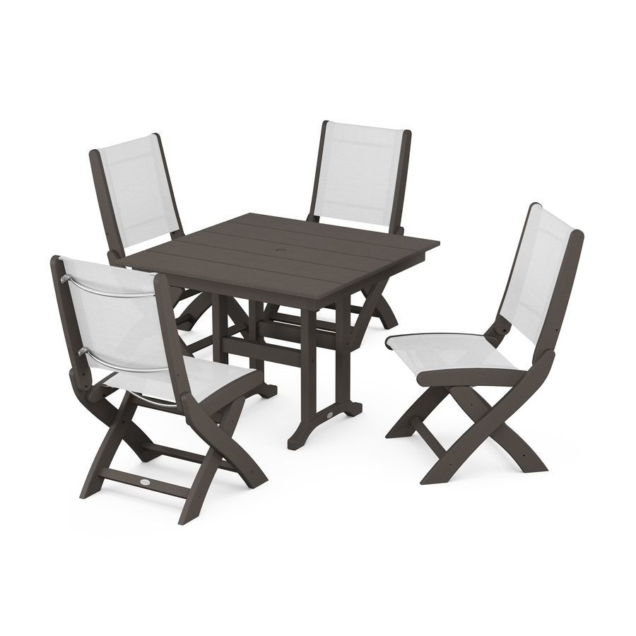POLYWOOD Coastal Folding Side Chair 5-Piece Farmhouse Dining Set in Vintage Coffee / White Sling
