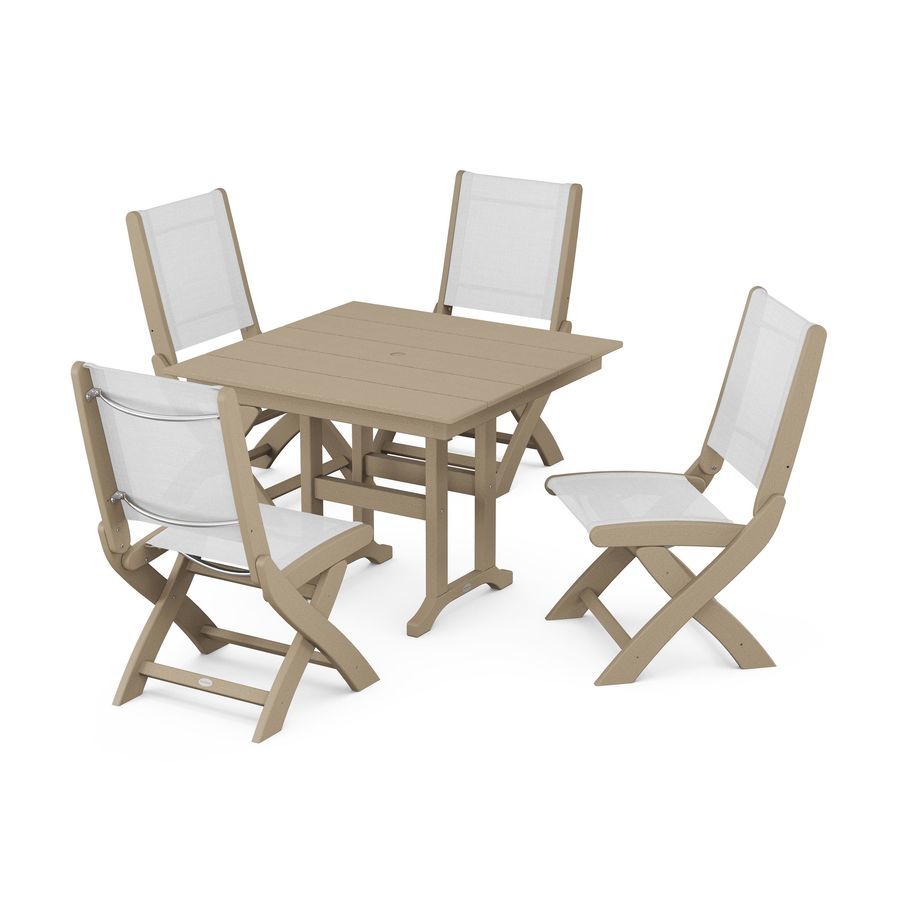 POLYWOOD Coastal Folding Side Chair 5-Piece Farmhouse Dining Set in Vintage Sahara / White Sling