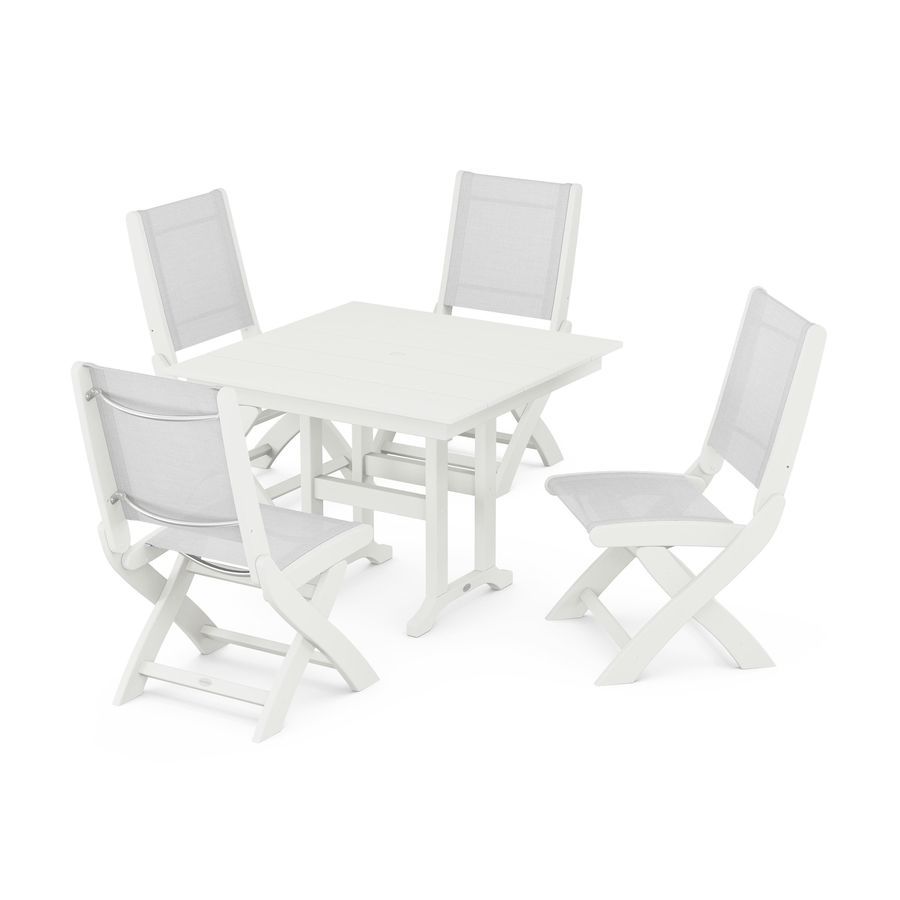 POLYWOOD Coastal Folding Side Chair 5-Piece Farmhouse Dining Set in Vintage White / White Sling