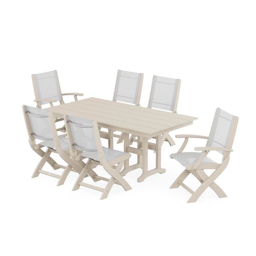 POLYWOOD Coastal Folding Chair 7-Piece Farmhouse Dining Set in Sand / White Sling