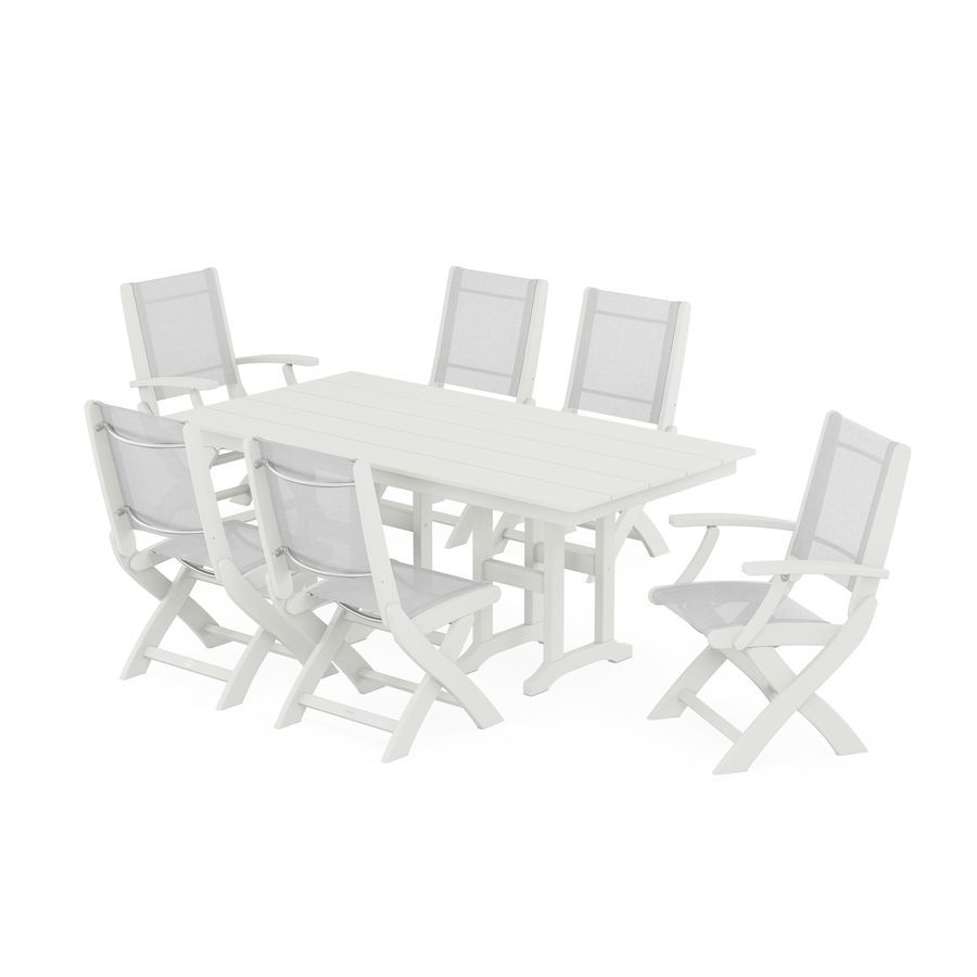 POLYWOOD Coastal Folding Chair 7-Piece Farmhouse Dining Set in Vintage White / White Sling