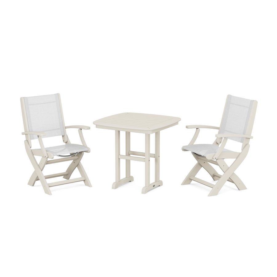 POLYWOOD Coastal Folding Chair 3-Piece Dining Set in Sand / White Sling