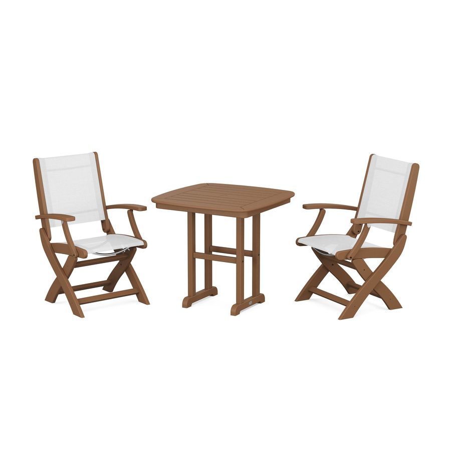 POLYWOOD Coastal Folding Chair 3-Piece Dining Set in Teak / White Sling