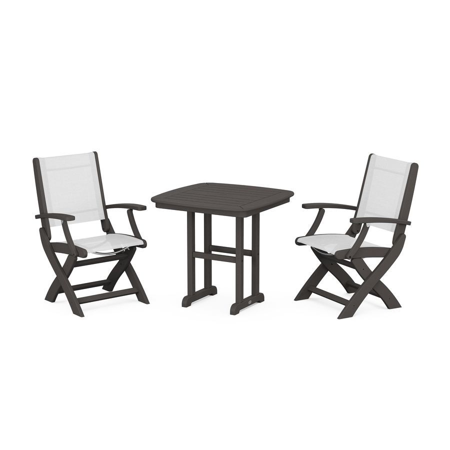 POLYWOOD Coastal Folding Chair 3-Piece Dining Set in Vintage Coffee / White Sling