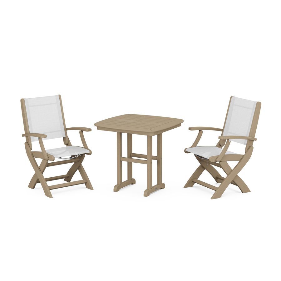 POLYWOOD Coastal Folding Chair 3-Piece Dining Set in Vintage Sahara / White Sling