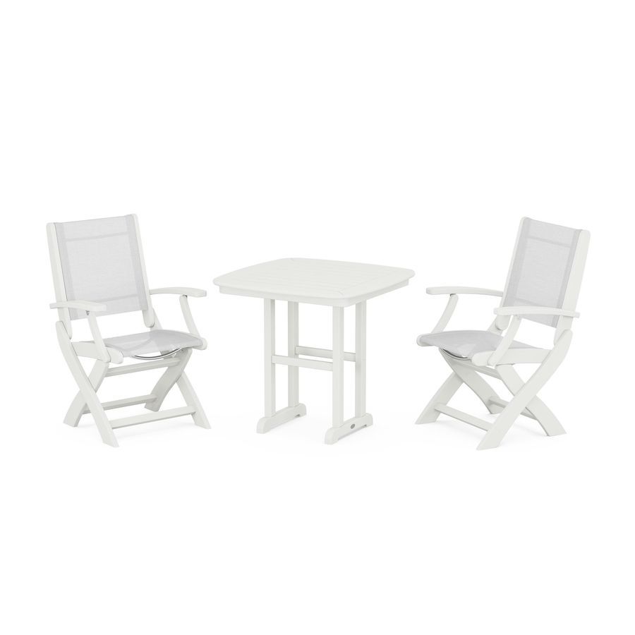 POLYWOOD Coastal Folding Chair 3-Piece Dining Set in Vintage White / White Sling