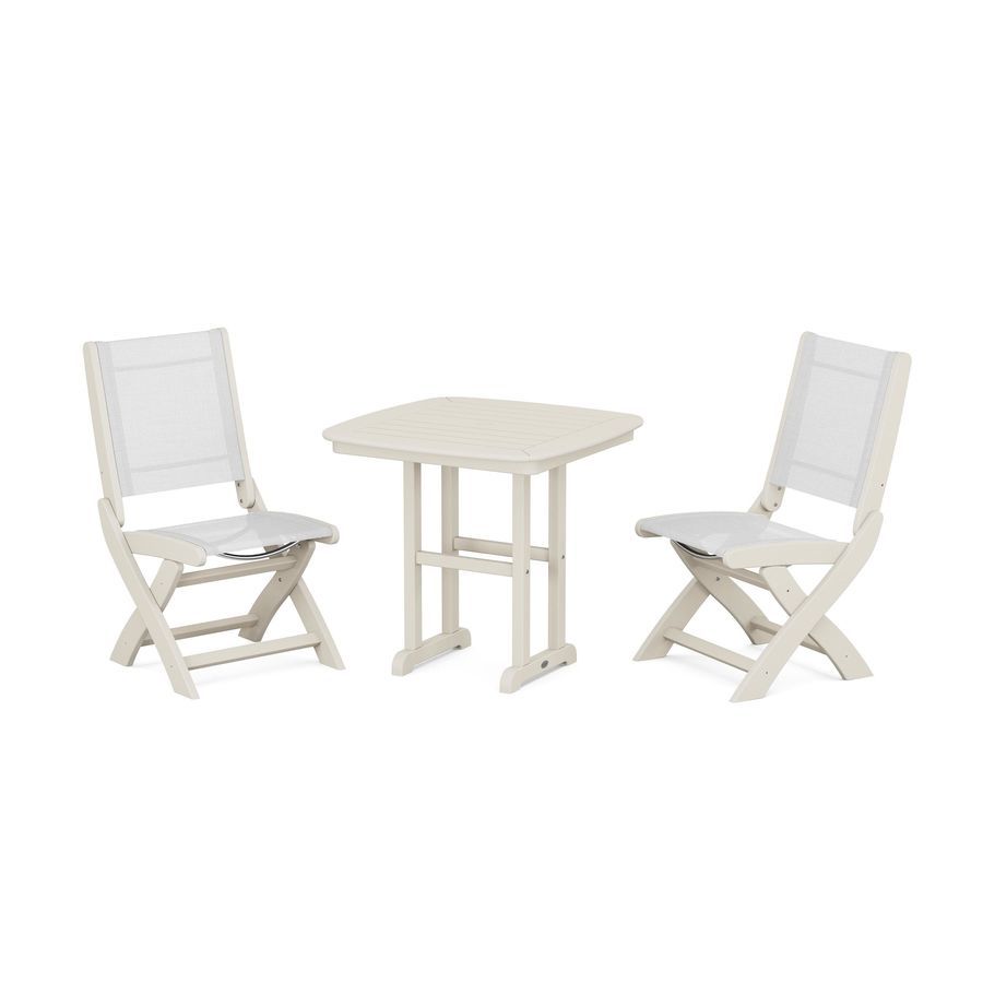 POLYWOOD Coastal Folding Side Chair 3-Piece Dining Set in Sand / White Sling