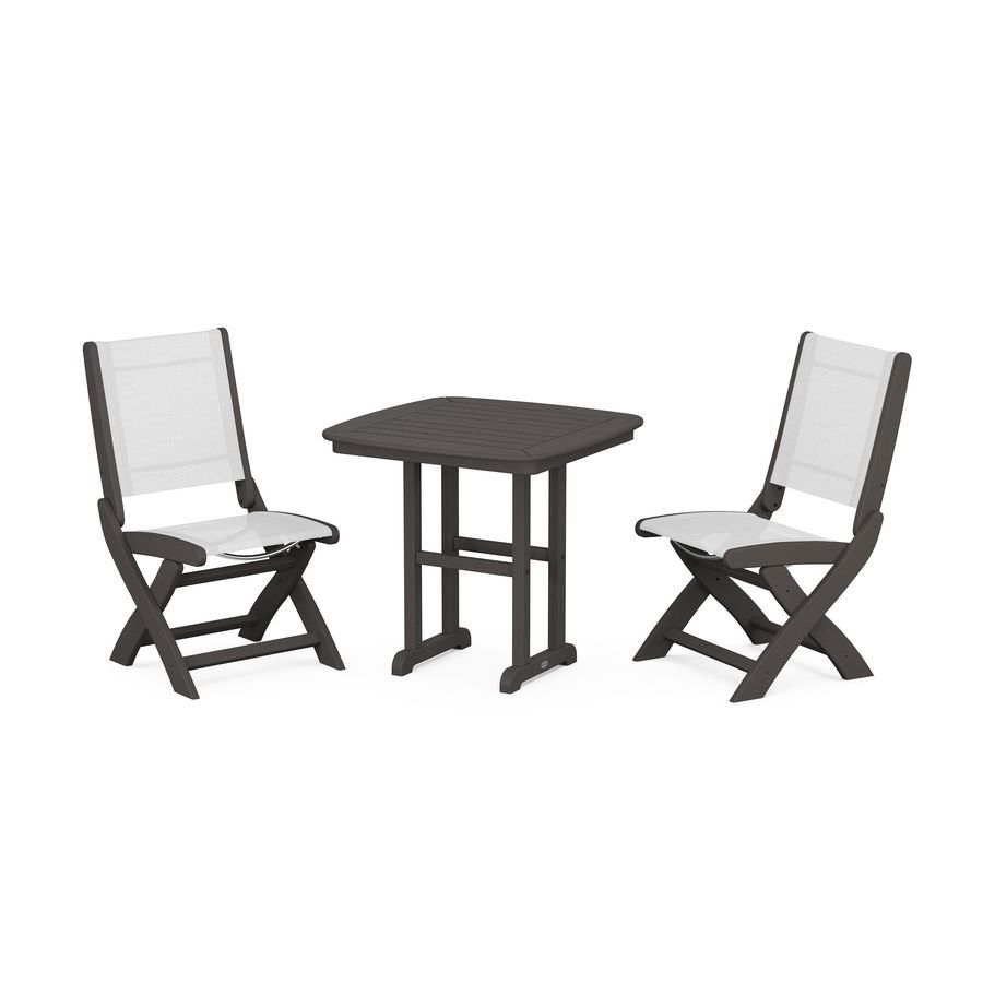 POLYWOOD Coastal Folding Side Chair 3-Piece Dining Set in Vintage Coffee / White Sling