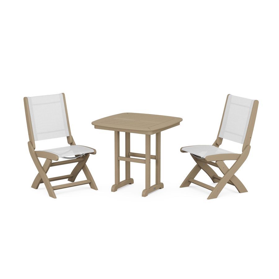 POLYWOOD Coastal Folding Side Chair 3-Piece Dining Set in Vintage Sahara / White Sling