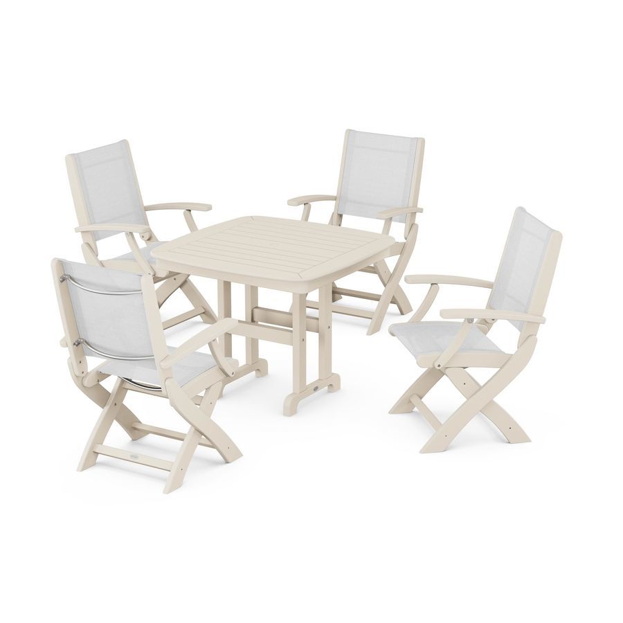 POLYWOOD Coastal Folding Chair 5-Piece Dining Set in Sand / White Sling