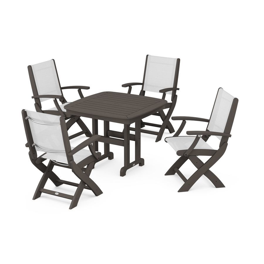 POLYWOOD Coastal Folding Chair 5-Piece Dining Set in Vintage Coffee / White Sling