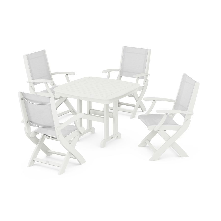 POLYWOOD Coastal Folding Chair 5-Piece Dining Set in Vintage White / White Sling