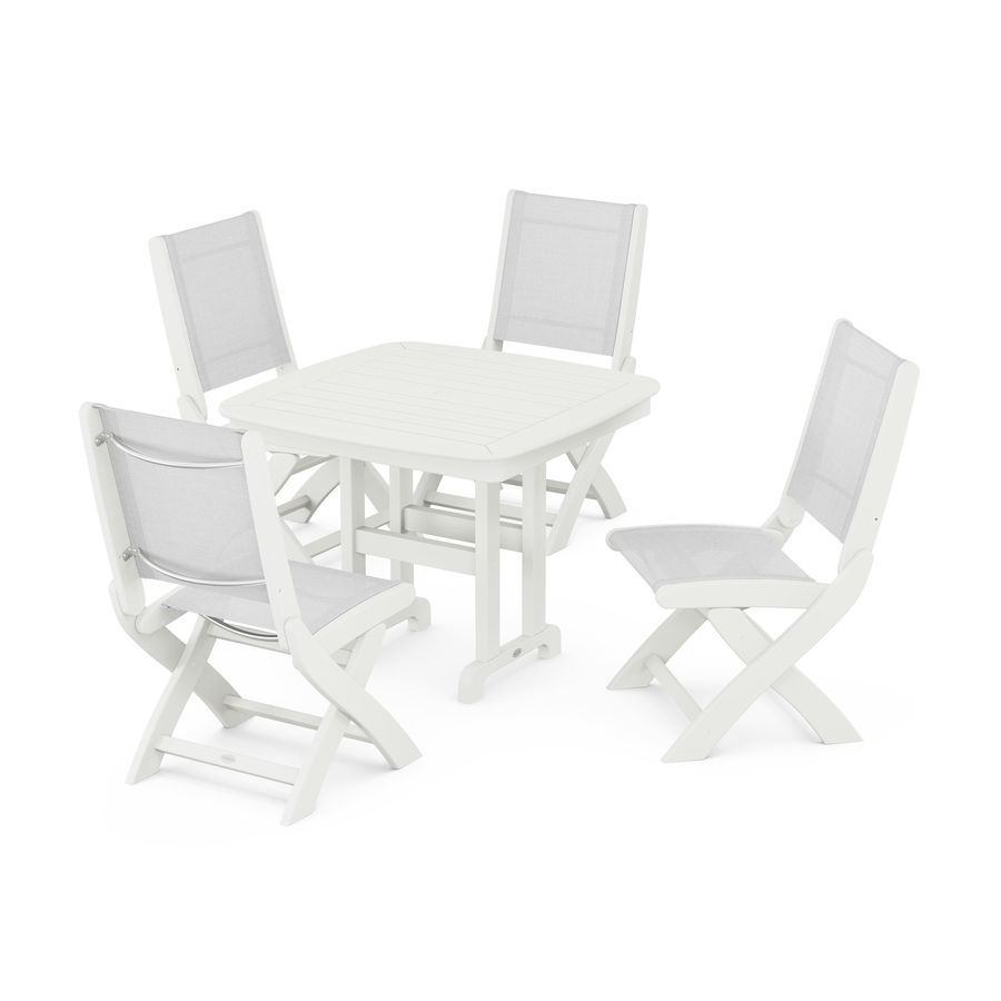 POLYWOOD Coastal Folding Side Chair 5-Piece Dining Set in Vintage White / White Sling
