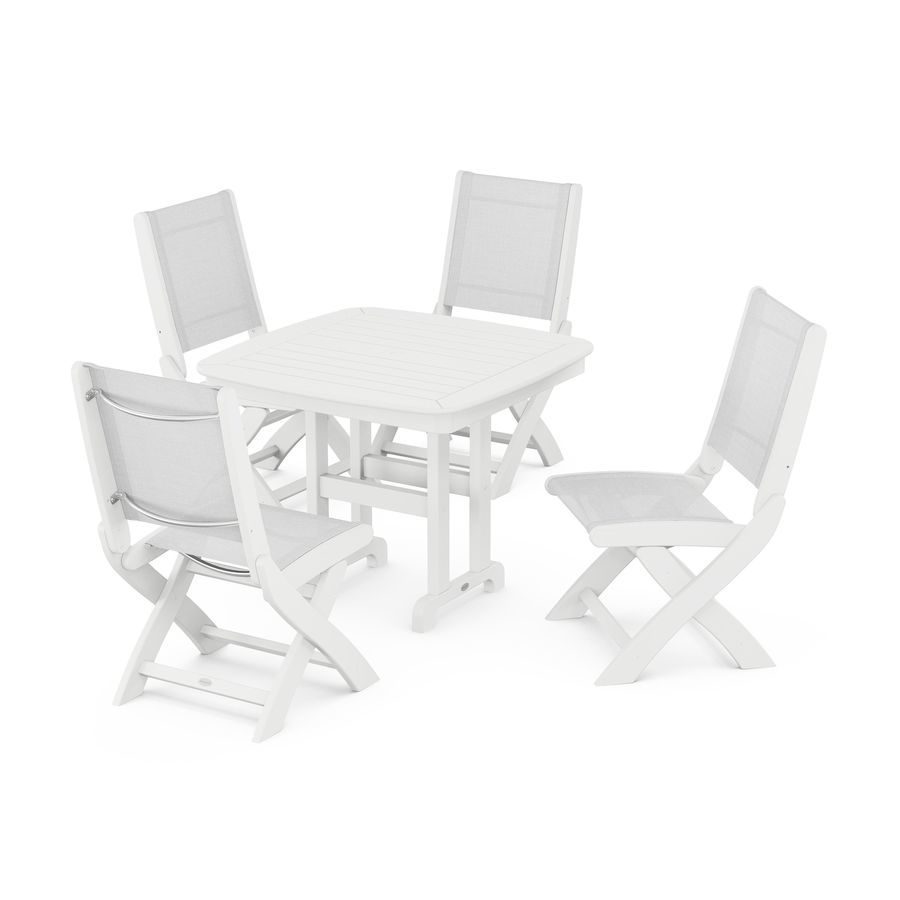 POLYWOOD Coastal Folding Side Chair 5-Piece Dining Set in White / White Sling
