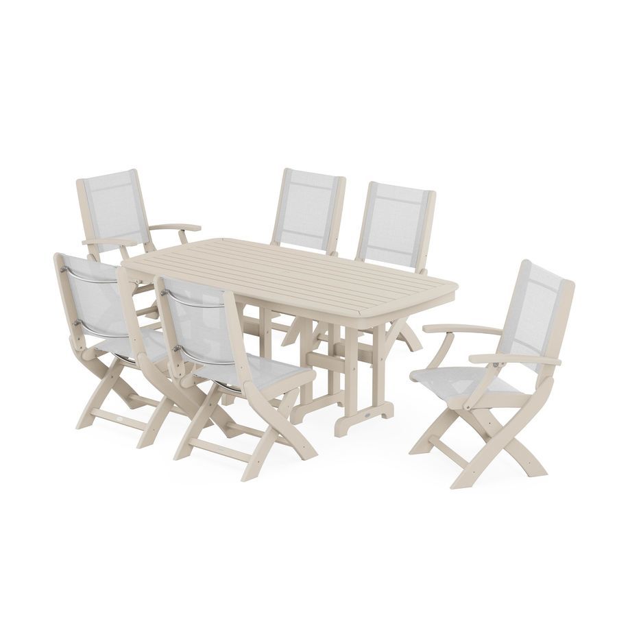 POLYWOOD Coastal Folding Chair 7-Piece Dining Set in Sand / White Sling